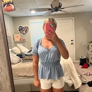 SO Blue Peplum Blouse with Puff Sleeves With Snap